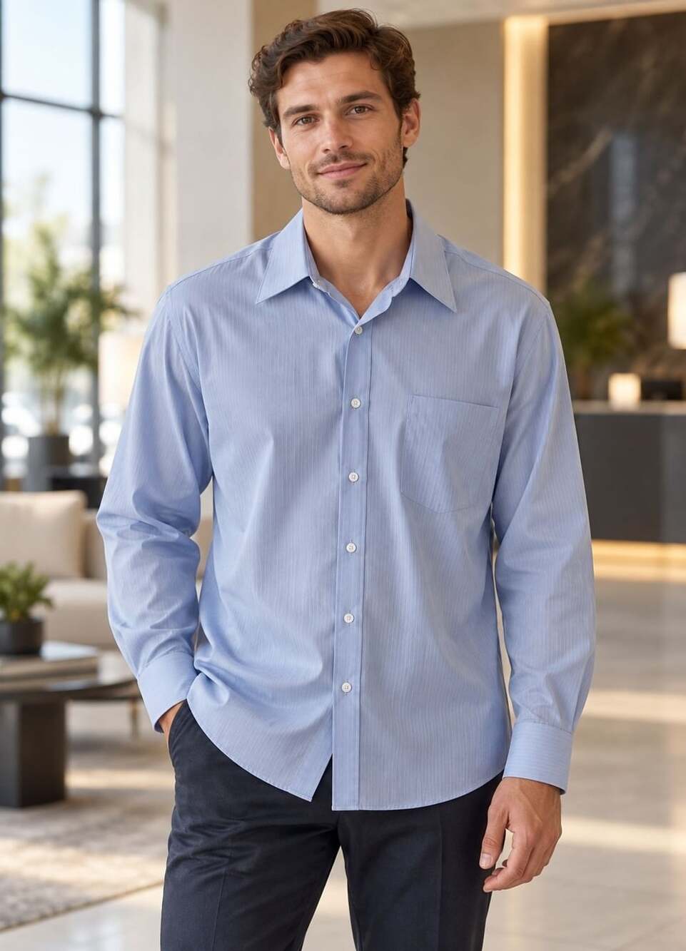 Van Heusen Fitted Satin Stripe Wrinkle Free Long Sleeve Dress Shirt Blue
